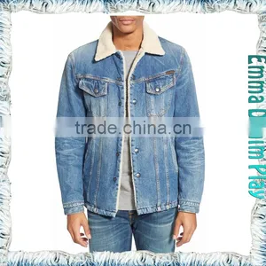 2016 Wholesale Men's Raw Blue Slim Long Sleeve Thick Fleece Lined Winter Denim Jackets thumbnail-1