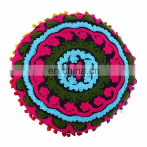 Home Decor Floral Indian Suzani Pillow Cases Embroidered Round Cushion Covers thumbnail-1