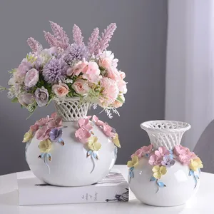 Hand Knit Artificial Flower White Round European Style Creative Ceramic Vase For Dining Table thumbnail-1