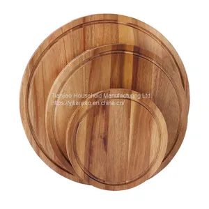 Custom Round Solid Wooden Chopping Board With Juice Groove Serving Food Natural Acacia Wood Kitchen Thick Cutting Boards thumbnail-1