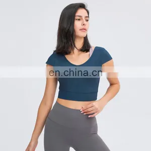 Factory Custom Hot Selling V Beauty Back Workout Fitness Short Sleeve Tee Active Gym Ribbed Yoga Crop Tops thumbnail-1