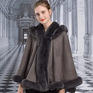 European and American Autumn and Winter New Imitation Otter Rabbit Fur Collar Hooded Shawl Cloak Loose Jacket for Women thumbnail-2