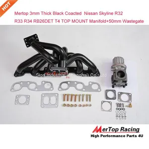 Mertop 3mm Thick Black Coated Niss** Skyline GTR R32 R33 R34 RB26DETT RB26 T4 TOP MOUNT Turbo Exhaust Manifold+50mm Wast thumbnail-3