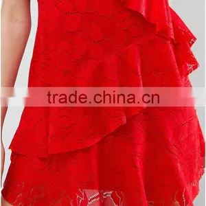 China Women Clothing Manufacturer Red Sexy Lace Ruffle Mini Dress thumbnail-6