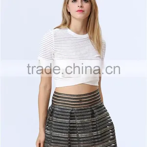 Accept Mini Quantity Order Factory Price New Fashion White Colour Stripe Women Crops Tops thumbnail-3