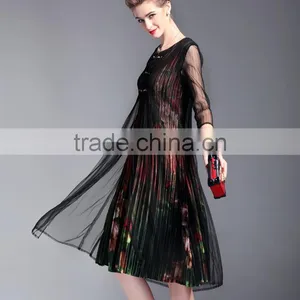 Grace Flower Printed False Two Pieces Draped Retro Vintage Dress for Lady thumbnail-5