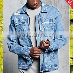 New Style Custom Cheap Brand Bulk Wholesale Distressed Denim Jacket Coats for Mens thumbnail-1
