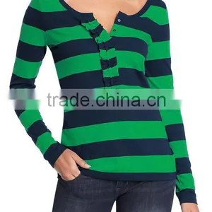 Womens Long Sleeve Striped t Shirt With Ruffled Placket thumbnail-1
