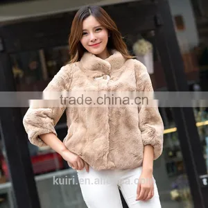 Natural Fur Coat Women's Real Fur Jacket Genuine Rex Rabbit Fur Coats Stand Collar thumbnail-3