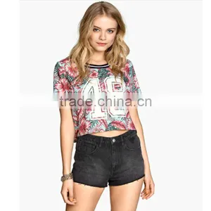 2015 Hot Sale Fashion Ladies Short Sleeves Flower Print 100%cotton T-shirt thumbnail-1
