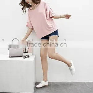 Summer 2017 Han Edition Round Neckline Necklace Lotus Leaf Sleeve Loose Pure Color Short Sleeve T-shirt Bertha thumbnail-4