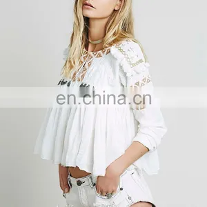 High Quality White Embroidery Tops for Lady,fashion Babydoll Blouse Designs thumbnail-2