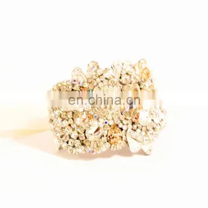 Aidocrystal Handmade Champagne Crystal Bridal Cuff Bracelet With Rhinestone Clasp or Ribbon Tie thumbnail-1