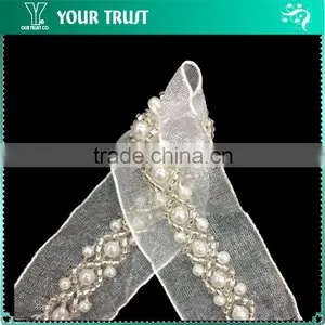 Cross Line Transparent Bugle White Pearls White Organza Trimming thumbnail-6