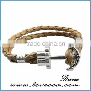 Custom Handmade Mens Genuine Braided Leather Hook Anchor Bracelet thumbnail-2