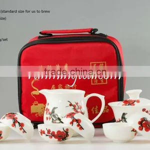 Hand-painted Red Plum Blossom With Magpie, Portable/Travel Tea Set, Gaiwan, Pitcher, 6 Cups+ Tweezer thumbnail-1