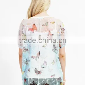 Bule Butterfly Print Woman Top,2016 New Design Top,lady Blouse thumbnail-3