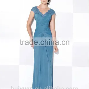 Elegant Chiffon Lace Cap Sleeve Deep v Neck Mother Dress Prom Dress Patterns thumbnail-2