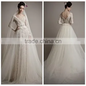 Flowing Tulle Full Lace Long Sleevecolorful Muslim Wedding Dress thumbnail-1