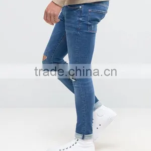 Distressed Design Trousers Jeans Men 2017 Mid Blue Washed Mens Skinny Jeans Pants Wholesale China thumbnail-3