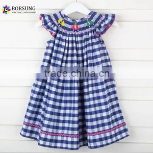 Blue Plaid Children Frocks Designs Kids Smocked Clothing Short Sleeve Baby Girl Dresses thumbnail-1
