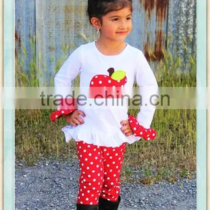 Red Polka Dot Apple Pant Set Appliqued White Long Shirt Children's Clothes Boutique Outfit For Spring/ Fall Outfit Kids Clothes thumbnail-1