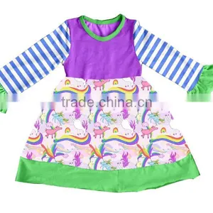 Ruffle Lace Fall Boutique Outifit Princess Print Unicorn Pattern Cattoon Print Swing Dress Girls Casual Dress thumbnail-5