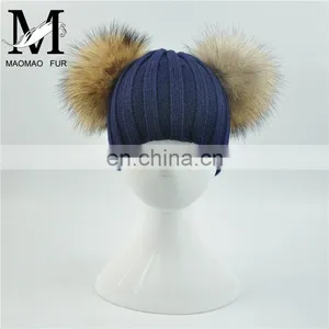Wholesale Fashion Cheap Kids Knitted Hats Real Fur Two Poms Kids Hat Winter thumbnail-3