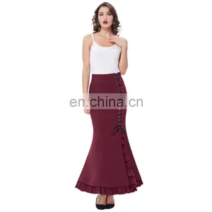 Belle Poque Womens High Stretchy Nylon-Cotton Vintage Retro Ruffled Fishtail Mermaid Victorian Style Wine Long Skirt BP000203-3 thumbnail-2