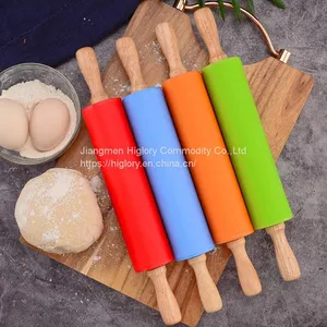Baking Tools Non Stick Silicone Rolling Pin With Rubber Wood Handle Rolling Stick thumbnail-5