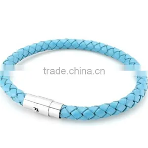 Manufacturer Supply Popular Jewelry Braid Leather Bracelet Wristband Stainless Steel Magnetic Lock Clasps Bracelets thumbnail-1