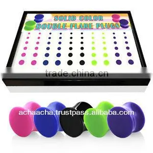 Display Box With 70 Pcs. of Solid Acrylic Double Flared Saddle Plugs in Solid Acrylic Colors - Size 8g to 1/2" (3mm -12mm) thumbnail-1