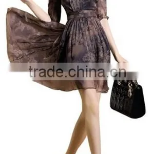 Women's V-Neck Vintage Flower Printed A-Line Casual Chiffon Dress thumbnail-6