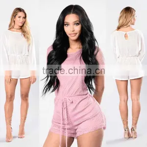 Women Sexy Jumpsuits Swim Cover Up Boat Neckline Long Sleeve Fishnet Romper thumbnail-1