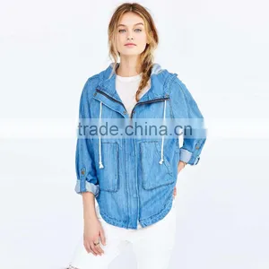Zip up Women Denim Jacket Oversized With Hoodies and Curved Hem thumbnail-1