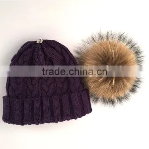 Myfur Natural Raccoon Fur Bobble Winter Animal Fur Pom Pom Knit Beanie Hat thumbnail-3