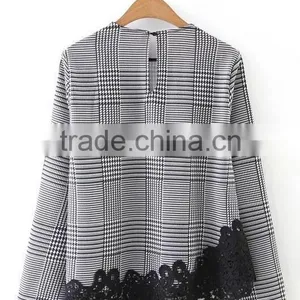 Runwaylover EY2378B Ladies 2017 Fashion Lace Splice Plaid Blouse thumbnail-6