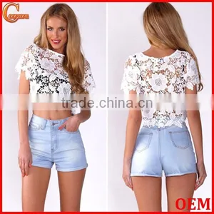 100% Polyester Short Sleeve Round Neck Crop Top,elegant Fashion Lace Top thumbnail-1