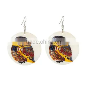 Silver Tone Hook Round Yellow Halloween Owl Pattern Fashion Shell Dangle Earrings 6.5cmx4.5cm thumbnail-1