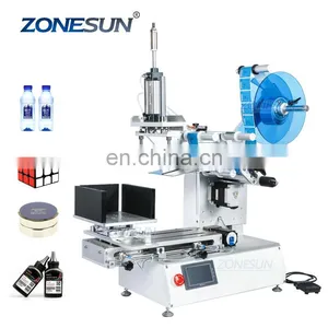 ZONESUN ZS-TB803 Semi Automatic Desktop Plastic Cans Rubik's Cube Shampoo Water Milk Juice Flat Bottle Labeling Machine thumbnail-1