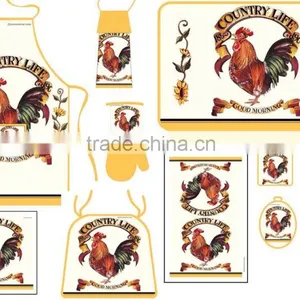 Printed Cotton Kitchen Apron Set Pot Holder Oven Mitten Apron Set With Rooster Design thumbnail-1