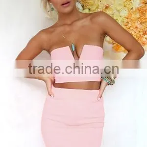 Sexy Women Solid Strapless V-Neck Crop Tops High Waist Slim Pencil Mini Dress Two Piece Set thumbnail-5