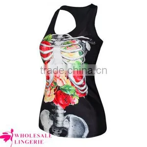 Wholesale Black Cool Womens 3D Flower Skeleton Printed Tank Top BX147 thumbnail-2