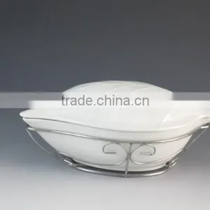 2016 Fancy Leaf-Shaped Design White Ceramic Type Tureen With Metal Stand thumbnail-1