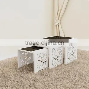 Nest Table Set of 3 With High Glossy MDF Wood Side Table With Carving Flower Living Room Coffee Table With Glass thumbnail-1
