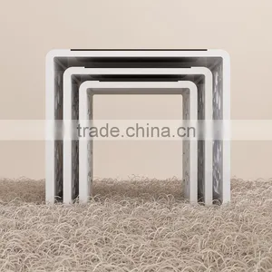 Nest Table Set of 3 With High Glossy MDF Wood Side Table With Carving Flower Living Room Coffee Table With Glass thumbnail-3