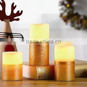 S/3 Flameless LED Gold Christmas Pillar Candles With Silk Effect thumbnail-1