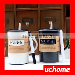 UCHOME Black White Message Ceramic Mug With Lid Spoon Creative Cup With a Pen thumbnail-1