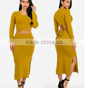 Suppliers Bulk Apparel Spring Women Dresses Sexy Mustard Two Piece Long Sleeve Knee Length Bodycon Midi Dress Set thumbnail-1