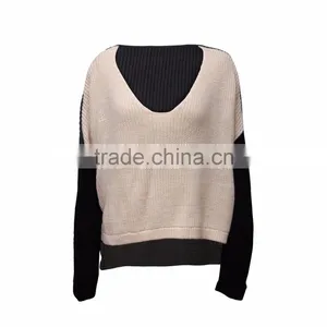 Ladies' Two Colour Sweater Design With Wide V Neckline and Long Sleeves thumbnail-1